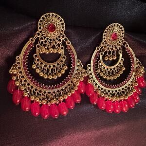 Bollywood Desi Boho Jhumka Oxidized Gold Tone Earrings w/ Red